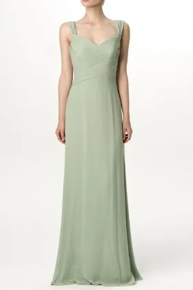 Sage green criss cross pleated chiffon Queen Anne neck long bridesmaid dress