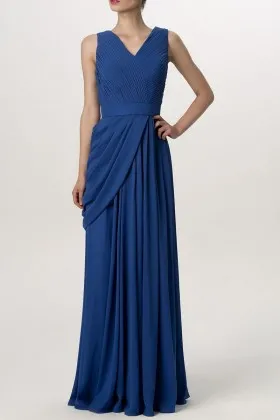 Blue Chiffon V-neck Cap Sleeve Long Bridesmaid Dress - VQ