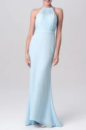 pastel blue chiffon overlay halter mermaid bridesmaid dress