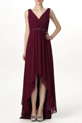 Burgundy chiffon V neck high low fashion crystals ribbon belt bridesmaid dress