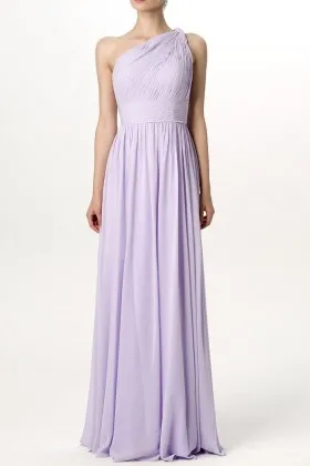 pleated one shoulder lavender chiffon a line bridesmaid gown