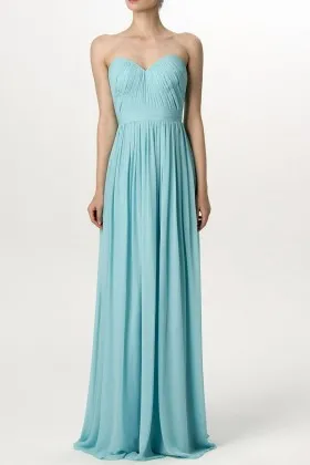 Timeless light blue ruched chiffon strapless sweetheart A line long bridesmaid dress