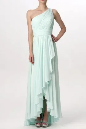 Mint green chiffon one shoulder ruffled hemline high low A line bridesmaid dress