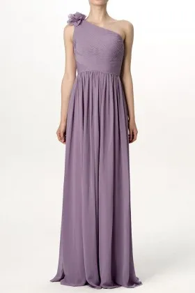 Dusty purple chiffon one shoulder 3D flower pleated A line long bridesmaid dress