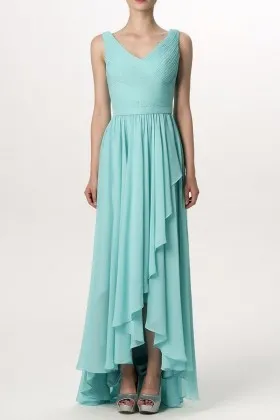 Turquoise pleated chiffon V neck asymmetrical ruffled high low bridesmaid dress