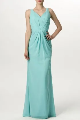 Turquoise gathered natural waist V neck fit flare long vintage bridesmaid dress