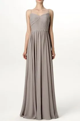 Vintage sand chiffon A line long pleated V neck bridesmaid dress with spaghetti straps