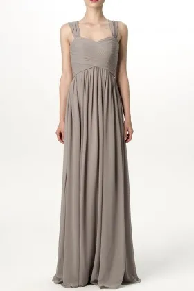 Criss cross pleated sand chiffon wide shoulder straps vintage long bridesmaid dress