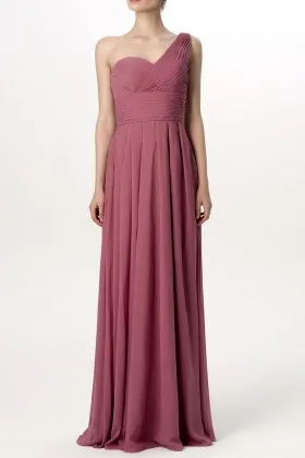 Dusty rose ruched one shoulder vintage A line long bridesmaid dress