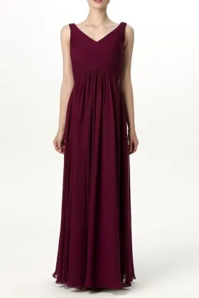 Vintage dark burgundy chiffon sleeveless V neck A line long bridesmaid dress