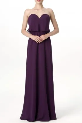 Feminine eggplant chiffon peplum strapless sweetheart A line long bridesmaid dress