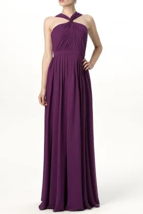 Feminine halter straps purple chiffon A line long bridesmaid dress