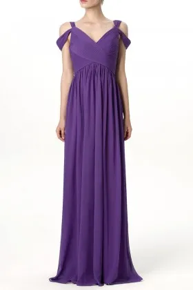 Royal Purple Chiffon Criss cross Pleated Cold Shoulder Long Bridesmaid Dress