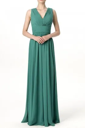 Jade chiffon elegant sleeveless pleated V neck A line long bridesmaid dress
