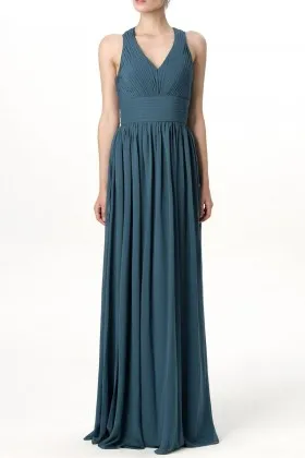 Teal chiffon classic sleeveless V neck empire waist A line long bridesmaid dress
