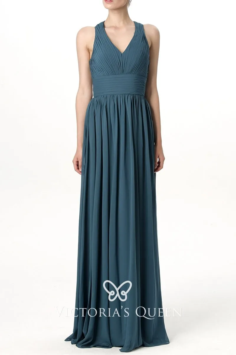 Teal Chiffon Vneck Empire Aline Long Bridesmaid Dress VQ