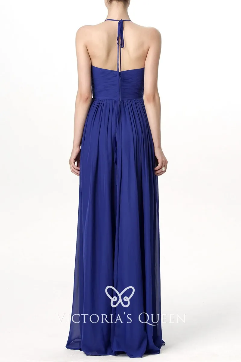 Cobalt Blue Pleated Sweetheart Long Bridesmaid Dress VQ