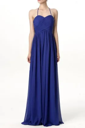 Cobalt Blue Criss cross Pleated Sweetheart Spaghetti Straps Long Bridesmaid Dress