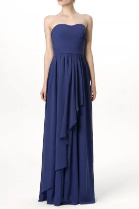 Blue chiffon simple strapless asymmetrical hemline long bridesmaid dress