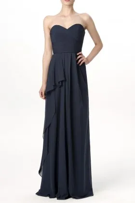 Elegant midnight chiffon strapless pleated sweetheart A line long bridesmaid dress