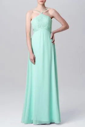 Mint green lace and chiffon empire waist low back A line long bridesmaid dress