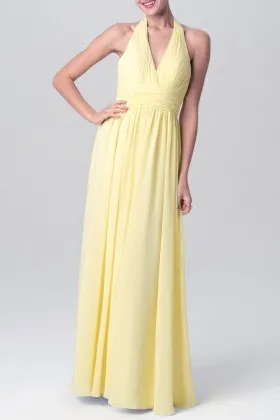 Elegant daffodil chiffon halter V neck open back A line long bridesmaid dress