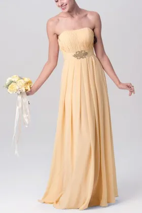 Ruched champagne chiffon strapless beaded belt A line long bridesmaid dress