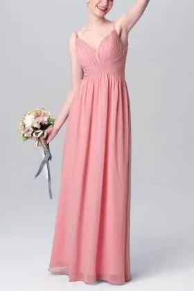 English rose chiffon curved V neck with shoulder straps A line long bridesmaid dress