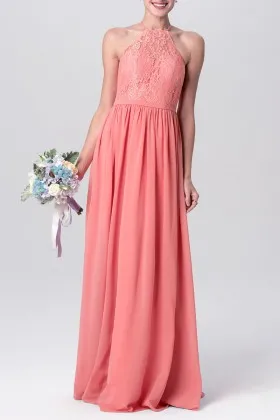 Coral lace and chiffon cute halter sleeveless A line long bridesmaid dress