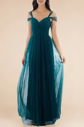 Dark teal tulle feminine strapped off the shoulder sweetheart bridesmaid dress