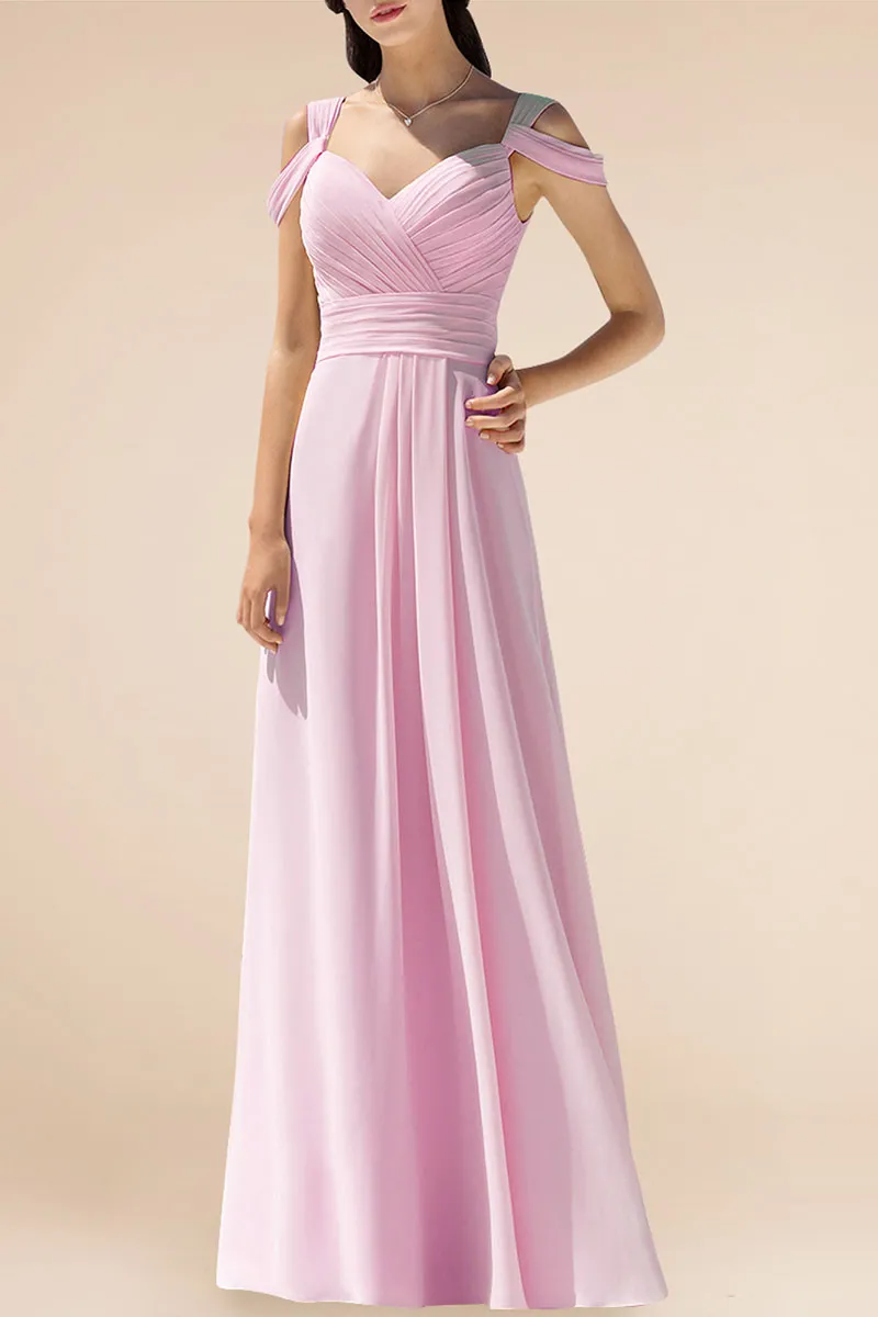 Pink Chiffon Cold Shoulder Long Cute Bridesmaid Dress - VQ