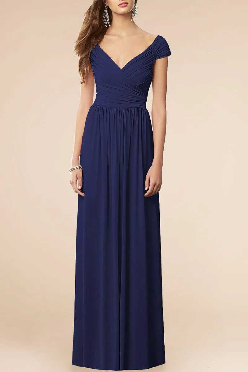 Blue V Neck Chiffon Bridesmaid Dress