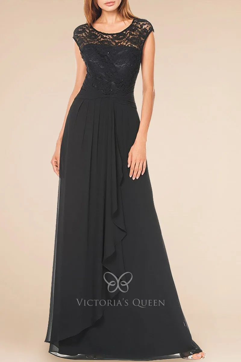 Long Lace Cap Sleeves Chiffon Gown with V Neck Sky Blue Plus Size main image 1