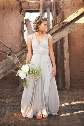 Vintage grey jersey Queen Anne neck floor length bridesmaid dress
