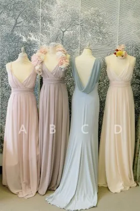 elegant V neckline with spaghetti straps A line long bridesmaid dresses