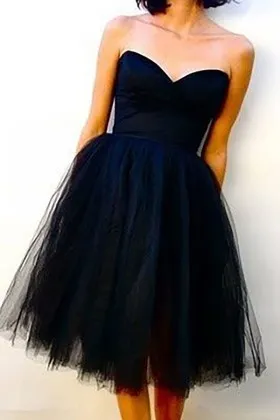 strapless sweetheart navy tulle knee length short simple bridesmaid dress