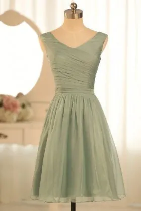 Sage green chiffon V neck sleeveless pleated short bridesmaid dress