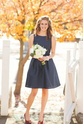 Cheap simple navy short A line bridesmaid dress