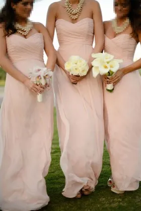 Pretty nude chiffon strapless sweetheart empire waist long bridesmaid dress