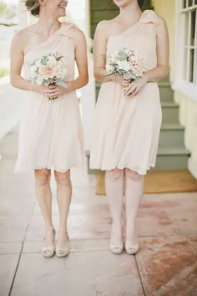 soft nude chiffon one shoulder bow detailed short bridesmaid dress