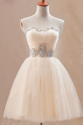 Beaded nude tulle strapless sweetheart short cocktail dress
