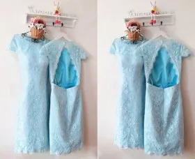 Pretty baby blue lace short sleeve scalloped open back short bridesmaid dress