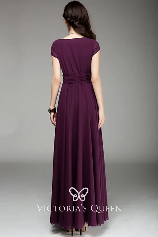 grape purple long chiffon V neck short sleeve A line wedding guest dress grape purple long chiffon V neck short sleeve A line wedding guest dress