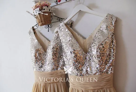 Gold sequin and chiffon sleeveless V neck bridesmaid dress Gold sequin and chiffon sleeveless V neck bridesmaid dress