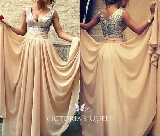 Gold sleeveless V neck wide natural waist long bridesmaid dress Gold sleeveless V neck wide natural waist long bridesmaid dress