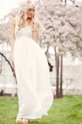 White chiffon sweetheart spaghetti strap empire destination wedding dress