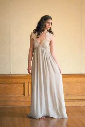 Romantic smoky gray chiffon with lace cap sleeve open back long evening dress