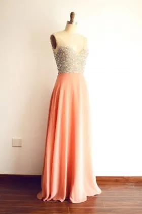 Crystals beaded orange chiffon deep V neck floor length A line prom dress