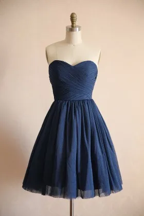 simple sweetheart navy chiffon pleated short bridesmaid gown