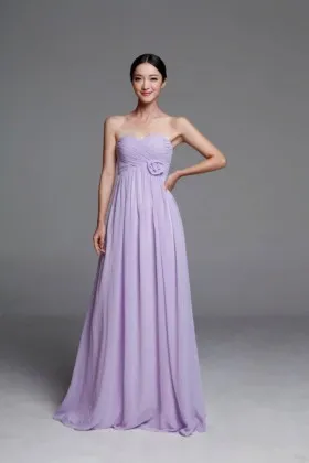 Floor length lavender chiffon strapless sweetheart A line long bridesmaid dress